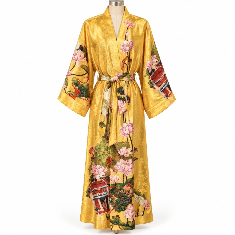 Luxury Silk VN Kimono Robe Womens L Gold Yellow Lotus Bird Jacquard Belted Wrap